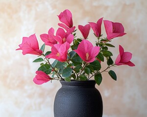 Vibrant pink flowers in a textured black vase against a neutral, blurred background