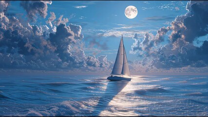 Sailboat glides across moonlit ocean waves under dramatic cloudy sky