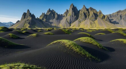 Rugged mountain range with black volcanic sand dunes and lush green moss in a serene landscape
