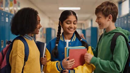Three diverse students in school hallway sharing books and smiles, symbolizing education and friendship - Powered by Adobe
