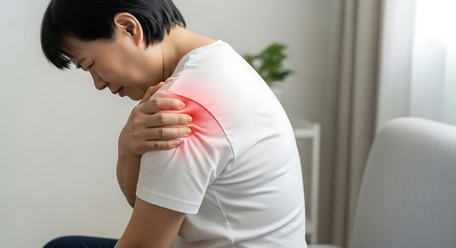 A medical concept photo showing an adult person sitting and gripping their upper back and shoulder area with one hand, slightly leaning forward in discomfort