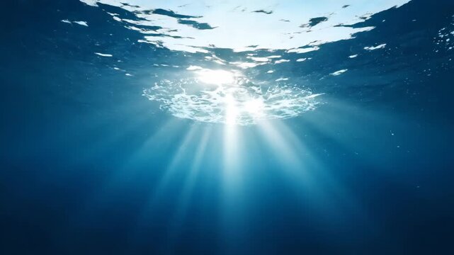 Underwater scene with sunbeams shining through ocean surface