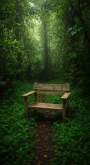 Fototapeta premium A rustic, weathered wooden seating structure stands quietly amidst dense, humid, and vibrant green rain forest vegetation under diffused light ,jungle path ,daylight ,dense