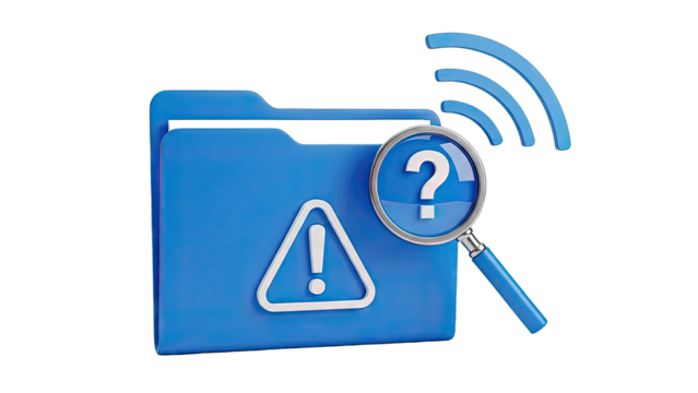 Folder with Warning and Question Mark Magnified, WiFi Signal - Powered by Adobe