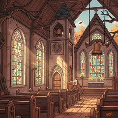 Interior view of a historic house of worship shows bright sunlight streaming through colorful glass panels