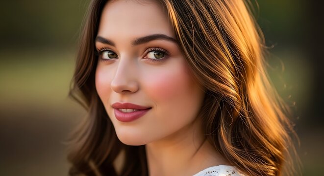 Beautiful young woman with flowing brown hair gazes softly toward the viewer in natural light