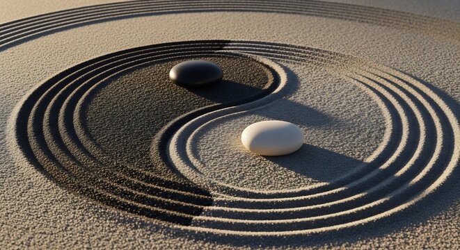 Serene zen garden with yin yang symbol in raked sand