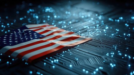 closeup view of a modern computer chip technology hub with the united states flag displayed showcasing a cuttingedge and futuristic innovation setting
