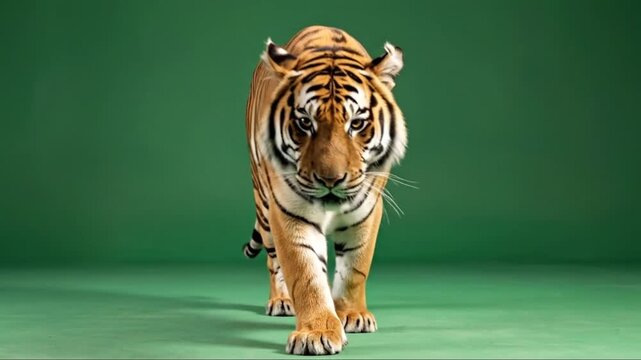 Majestic tiger walking confidently on a green studio background captured in multiple frames