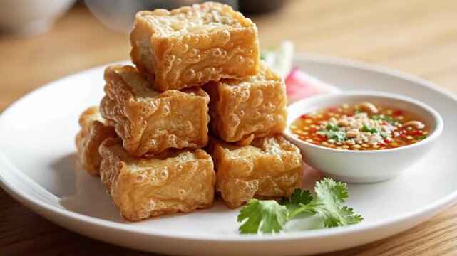 Golden fried tofu cubes with dipping sauce on a white plate