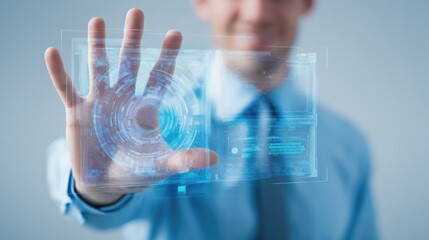 a businessman utilizing digital technology to streamline and enhance business operations he is shown interacting with a touchscreen interface symbolizing automation and innovation in the workplace