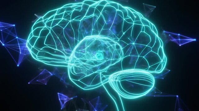 AI mind brain plexus, complex glowing 3D wireframe brain structure surrounded by floating geometric plexus nodes for artificial intelligence and machine learning.