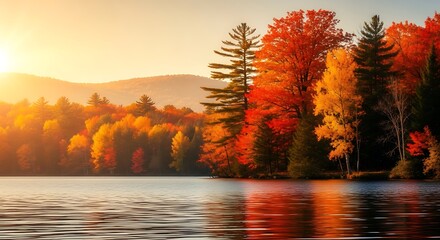 A breathtaking autumn forest landscape captured during golden hour, featuring a tranquil lake bordered by tall trees with vivid orange, red, and yellow foliage.