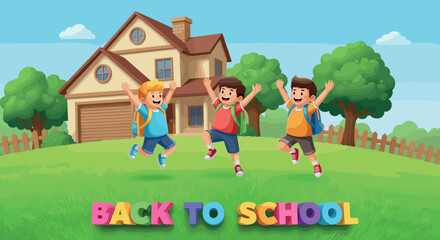 Naklejka premium Back to School Illustration with Three Happy Boys Jumping in Front of a House, Educational Landscape Background Vector with Colorful Text.