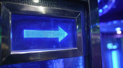 a futuristic holographic display showcases a vibrant blue arrow symbol pointing forward on a modern hightech panel in a dimly lit room