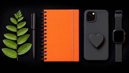 Flatlay of office supplies and tech accessories
