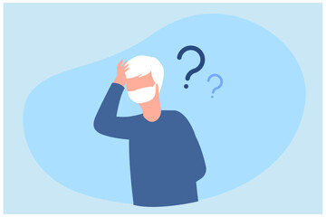 Confused senior man with question mark Human brain, memory loss and mental health problem. Neurology therapy. vector
