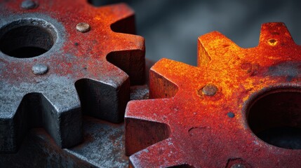 Macro View of Rusty Gears Displaying Unique Textures and Colors in Industrial Setting, Perfect for Manufacturing Themes