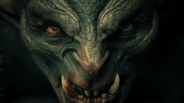 Ferocious demon monster with bloodstained fangs staring menacingly