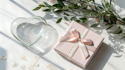 Aesthetic top view of a pink gift box with a ribbon next to green leaves and water for beauty wellness and luxury spa branding. AI generated
