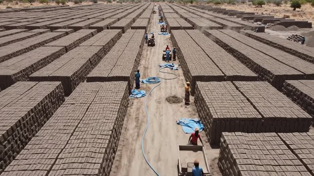 Aerial view of workers stacking and arranging rows of clay bricks in a vast outdoor yard with blue hoses and construction materials
