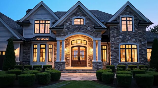 Luxury custom home exterior at twilight with warm interior light glowing through windows and manicured landscaping