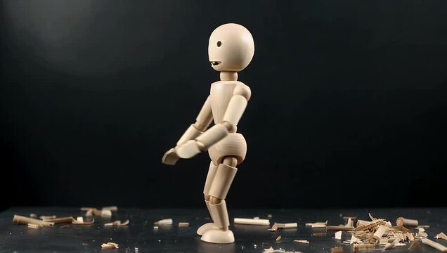 Creative 4K stop motion animation of wooden mannequin figure rotating studio against black background expressing uncertainty with subtle &ldquo;I don&rsquo;t know&rdquo; 