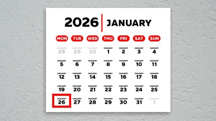 The date January 26th marked with a red cursor on the wall calendar 2026