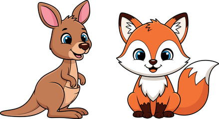 Cute Cartoon Baby Kangaroo and Red Fox Character Duo, Happy Wildlife Animal Mascot Vector Illustration Set Isolated.
