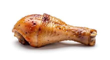 Savory roasted poultry drumstick displays glazed, browned skin isolated on white