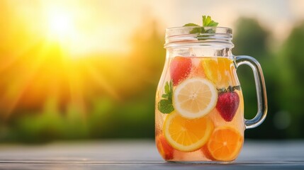 Refreshing fruit-infused water in a mason jar with oranges, lemons, strawberries, and mint, set outdoors in bright sunlight.