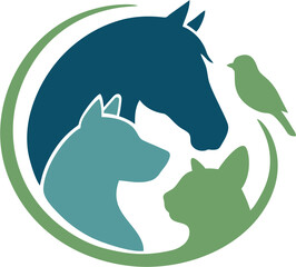 Illustration of a horse, dog, cat and bird, blue and green, in a circle