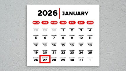 The date January 27th marked with a red cursor on the wall calendar 2026