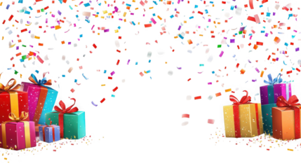 Colorful assortment of wrapped holiday presents sits beneath a vibrant cascade of falling confetti celebrating a joyful special occasion on transparent background