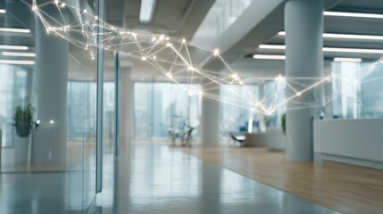 a dynamic network of illuminated nodes connecting in a dimly lit office for data sharing
