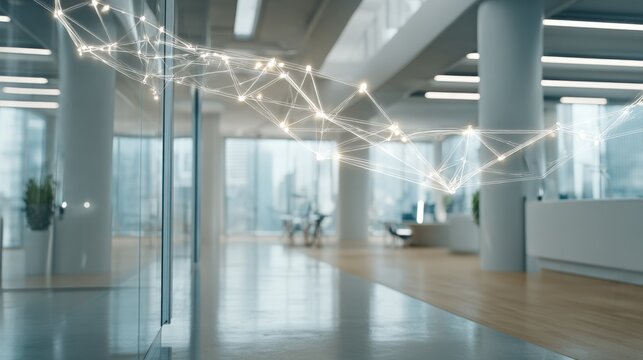 a dynamic network of illuminated nodes connecting in a dimly lit office for data sharing - Powered by Adobe