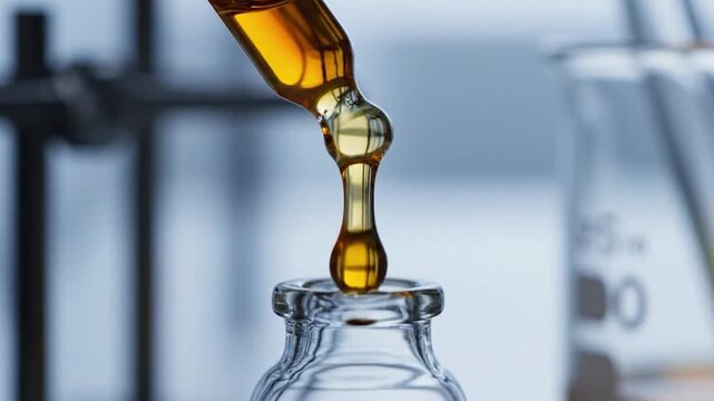 Laboratory Droppers Releasing Golden Liquid into Glass Bottles