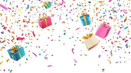 Assortment of colorful wrapped gift boxes falling amidst vibrant confetti streams celebrating a joyful surprise or special occasion on transparent background