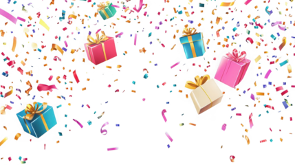 Assortment of colorful wrapped gift boxes falling amidst vibrant confetti streams celebrating a joyful surprise or special occasion on transparent background