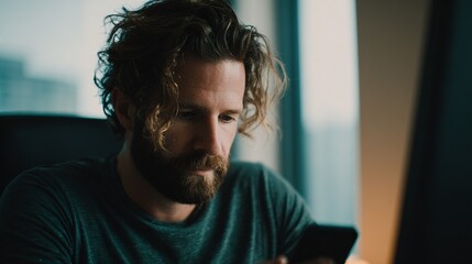 professional man in casual attire multitasking with digital devices in a modern office setting with a futuristic data display on the windows