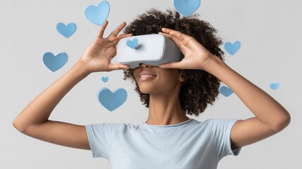 young woman using virtual reality glasses to explore a digital world with heartshaped badges