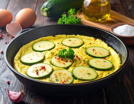 Delicious omelet featuring zucchini slices in a cast-iron pan