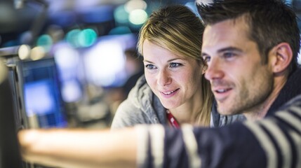 young business professionals discussing investment strategies while analyzing financial charts on a digital screen in a contemporary workplace showcasing advanced financial technology for personalize