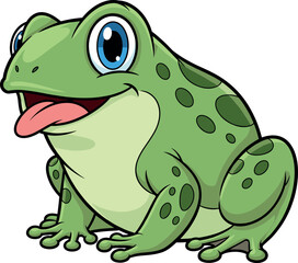 Naklejka premium Cute Cartoon Green Spotted Frog Character Sitting and Smiling, Adorable Amphibian Mascot Vector Illustration for Kids and Nature.