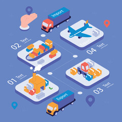 Isometric Logistics and Transportation Process Infographic with Various Vehicles.