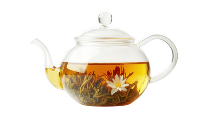 Clear glass teapot showcasing beautiful blooming flower tea infusion with golden amber liquid brewing inside a transparent vessel on transparent background