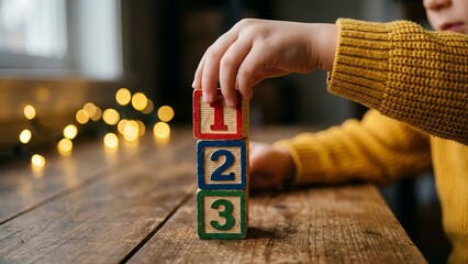 Child Hand Stacking Wooden Blocks with 123 Numbers for Education