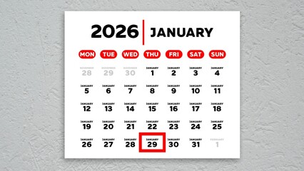 The date January 29th marked with a red cursor on the wall calendar 2026