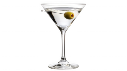 Classic chilled martini cocktail served in a delicate stemmed glass featuring a single pimento stuffed green olive garnish on a long pick on transparent background