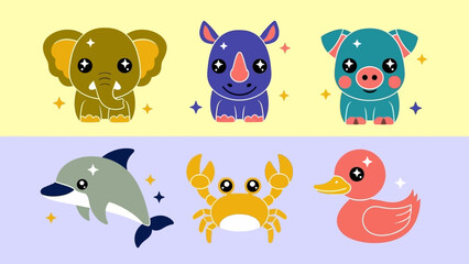 Fototapeta premium Colorful cartoon animals with sparkles on pastel background.